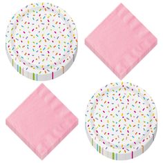 pink napkins and plates with sprinkles on the top one is empty