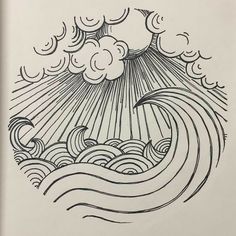 a drawing of the sun and clouds over waves in black ink on a white paper