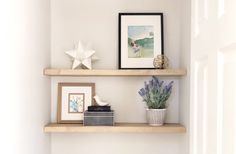 some shelves with pictures and other items on them