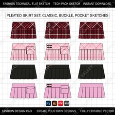 Y2K Pleated Skirt Cargo Buckle Plaid Streetwear Mock Up for Fashion Design Tech Pack Technical Flat Sketch CAD Ai Editable Vector Template Y2K Pleated Skirt Cargo Buckle Plaid Streetwear Flat Sketch *FREE PLAID PATTERN INCLUDED* Front and back views of a high waisted and low waisted pleated skirt. There are additional styles featuring a cargo pocket and buckles. The file is easily editable with colors or patterns. This sketch is great for any fashion design and development, tech packs, mock ups, Plaid Streetwear, Mini Skirt Sewing Pattern, Skirt Cargo, Sketch Free, Design Tech, Flat Sketches, Tech Pack, Skirt Patterns Sewing, Vector Template