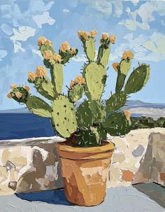 a painting of a cactus in a pot on a ledge next to the ocean and rocks