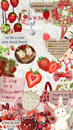 a collage of strawberry themed items and words