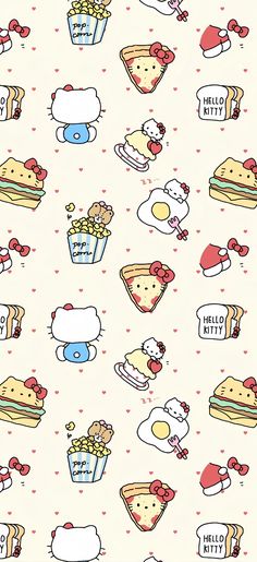 hello kitty wallpaper with many different foods and desserts on it's surface