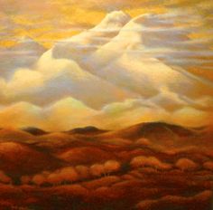 an oil painting of a mountain with clouds in the sky