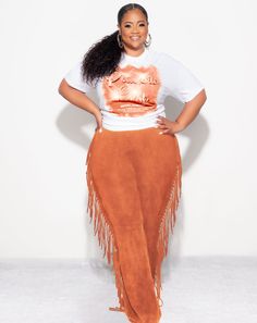 High waisted skirt Elastic waistband Ruched Fringes No closure 95% Cotton 5% spandex Hand wash cold Model is wearing a 1x Plus Size Clubwear, Fringe Pants, Plus Size Western Wear, Cowboy Carter, Classy Cowgirl, Plus Size Fashionista, Plus Size Styles, Concert Ideas, Chic And Curvy