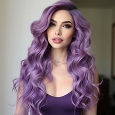 24 Inch Long Light Purple Curly Wavy Wigs Front Lace Purple Mermaid Hair, Purple Wig, Green Wig, Photography Light, Wavy Wig, Long Light, Red Wigs, Hair Color For Women, Lace Body