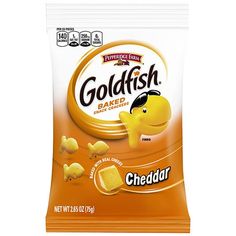 goldfish baked cheddar potato chips in orange bag on white background with clipping