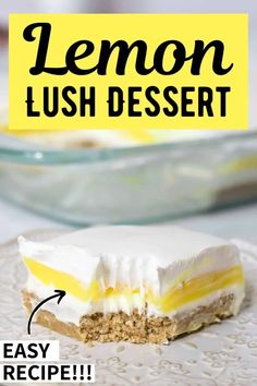 lemon lush dessert on a plate with the title below it