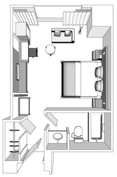 a drawing of a small room with furniture