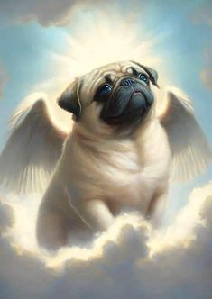 a painting of a pug dog with angel wings in the sky above it's head