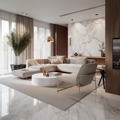 a modern living room with marble floors and walls