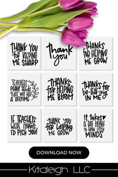 a bunch of flowers that are on top of a white surface with the words thank you,