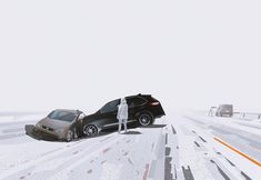 two cars are parked on the side of a snowy road, one is upside down