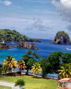 an island surrounded by palm trees and blue water with boats in the ocean behind it