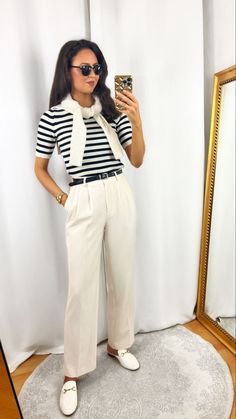 Old Money Stripes Outfit, White Tee Black Pants Outfit, How To Style Black And White Stripe Top, Polo Work Shirt Outfit Women, Beige Striped Shirt Outfit, Stripe Shirt Outfits Women Casual, Black And White Striped Top Outfit, White Polo Outfit Women, Stripe Tee Outfit