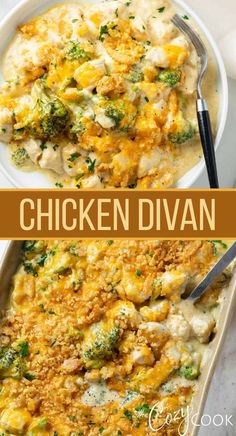 chicken and broccoli casserole in a white dish