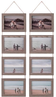 four frames with people on the beach and one is holding a surfboard in front of them