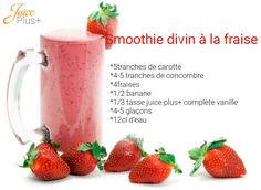 a smoothie with strawberries on the side and information about how to make it