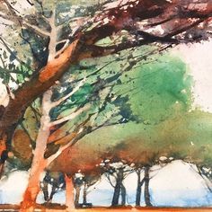 watercolor painting of trees in the park