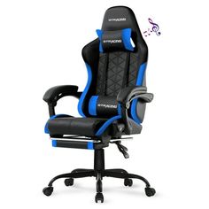 a black and blue office chair with a music note on the armrest, sitting in front of a white background