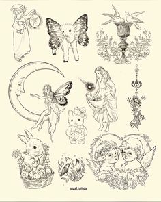 an old fashioned drawing of fairy and other things