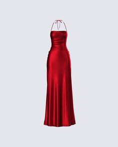 Turn up the heat with every step in this red metallic gown ❤️ Crafted from metallic knit fabric and complete with tie-back detailing, a low back, and a cowl neckline - this look will have you bringing out everyone’s passionate side 🥵 Fancy Christmas Dress, Christmas Gala Outfit, Red Birthday Dress, Libra Szn, Winter Birthday Outfit, Metallic Gown, Outfit Collages, Chrome Red, Fancy Short Dresses