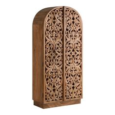 an ornate wooden cabinet with carvings on the front and side panels, made out of wood