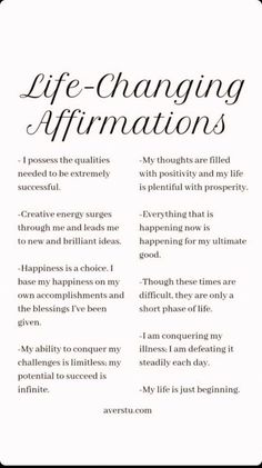 the words life - changing affirmations are written in black ink on white paper