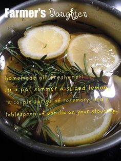 a pot filled with lemons and rosemary on top of a stove burner that says farmer's daughter