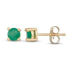 These classic earrings for her feature round-cut certified emeralds set in timeless 14K yellow gold. The earrings secure with friction backs. Classic 14k Gold Earrings For May Birthstone, Classic Emerald Earrings With Prong Setting, Classic Round May Birthstone Earrings, Classic Round Earrings For May Birthstone, Yellow Gold Round Earrings For May Birthstone, Yellow Gold May Birthstone Round Earrings, Classic Emerald Earrings For May Birthstone, Classic Yellow Gold Earrings With Emeralds, Classic Emerald Earrings In Yellow Gold