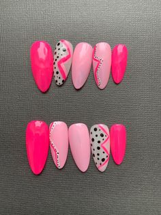 Barbie meets Betsey... *actual design may vary Almond Shape Nails Designs Spring, Simple Spring Acrylic Nail Designs, Unique Spring Nails Art Designs, Fun Colored Nails, Fun Spring Nail Art, Simple Fun Nail Designs, Fun Nails Designs, Barbie Pink Nails With Design, Fun Pink Nails