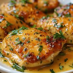 some chicken with sauce and parsley on top in a white plate, ready to be eaten