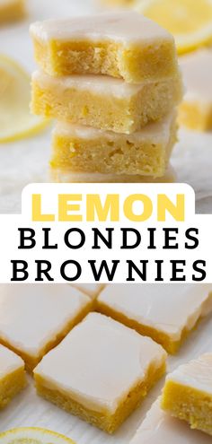 lemon blondies brownies stacked on top of each other with the text overlay