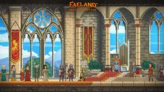 an image of a video game scene with people in front of a castle and two large windows