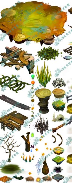 an image of various objects that are in the shape of a tree and grass area