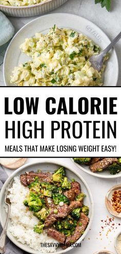 Low-calorie, high-protein meals featuring a creamy egg salad and a beef and broccoli stir fry with rice. These healthy recipes make losing weight simple and satisfying. 160 Calorie Meals, High Protein 2000 Calorie Diet, Low Cal Quick Dinner, Easy Meal Prep Low Calorie, Meals Less Than 500 Calories, Savory Low Calorie Meals, Calorie Wise Meals, Easy Dinner Low Calorie, Low Calorie Budget Meals