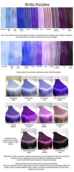 Arda purples, wig fiber color pallette. Hair Dye Chart, Shades Of Purple Hair, Purple Hair Dye, Underlights Hair, Dark Lavender, Lilac Hair, Lavender Hair