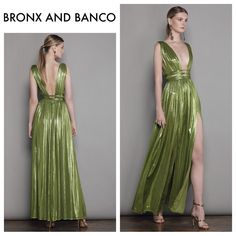 Bronx And Banco's Metallic Pleated Goddess Gown Features A Plunging V-Neck And A Cross-Front Detail At The Waist. A Thigh-High Slit Finishes This Flowing A-Line Style. Plunging V-Neck Sleeveless Open Back Empire Waist With Criss Cross Tie Detail Thigh-High Slit Floor Length 95% Polyester/5% Spandex Dry Clean Only Color:Lime Us Size 8 Midnight Gown, Asymmetric Ruffle Dress, Olive Maxi Dress, Bronx And Banco Dresses, Feather Gown, Runway Gowns, Goddess Gown, Bronx And Banco, Lace Dress Design