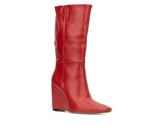 The Milan mid- calf boot features a comfortable yet stylish wedge heel with a squared toe design and inner zipper closure. Faux Leather upper, Side Zipper, Approx. 3\ wedge heel, Square Toe, Rubber outsole | Women's Torgeis Milan Mid Calf Wedge Booties in Red Size 8.5 Womens Wedge Boots, Boots Dress, Wedge Heel Boots, Dress Boots, Ladies Shoes, Womens Wedges, Wedge Boots, Trendy Shoes, Mid Calf Boots