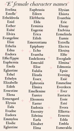 Girl names beginning in ‘e’. Female English Names, List Of Last Names For Characters, Names For Book Characters Female, Poc Character Names, Name For Characters Female, Girl Names For Book Characters, Character Name Ideas Girl, Expensive Names For Women, Mysterious Names For Characters