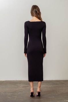 Black Ribbed Knit Dress Sweetheart Neckline Long Sleeve Midi Length Bodycon Silhouette Material: 89% Viscose, 11% Nylon Fabric Has Some Stretch Black Ribbed Dress, Sweater Midi Dress, Dress For Fall, Nyc Shopping, Moon River, Ribbed Knit Dress, Sweater Dress Midi, Ribbed Dresses, Ribbed Knit Sweater