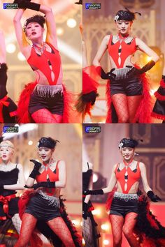 four different pictures of a woman in red and black outfit with her hands on her hips