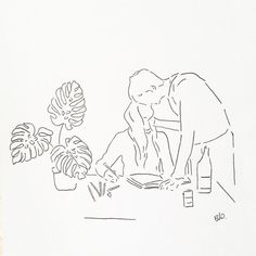 a drawing of a person sitting at a table with a potted plant