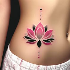 a woman's stomach with a pink and black flower tattoo on the side of her belly