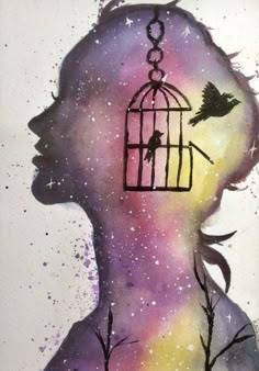 a drawing of a person with a bird in a cage