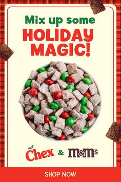 a poster advertising christmas treats for the holiday magic shop and m & m's