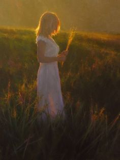 a painting of a girl in a white dress standing in a field holding a flower