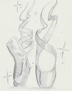 a pencil drawing of two pairs of shoes with ribbons coming out of the top one