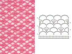 the crochet pattern is shown in pink and white, along with a ruler