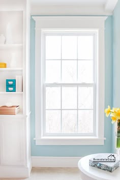 there is a vase with flowers in it next to a book shelf and a window